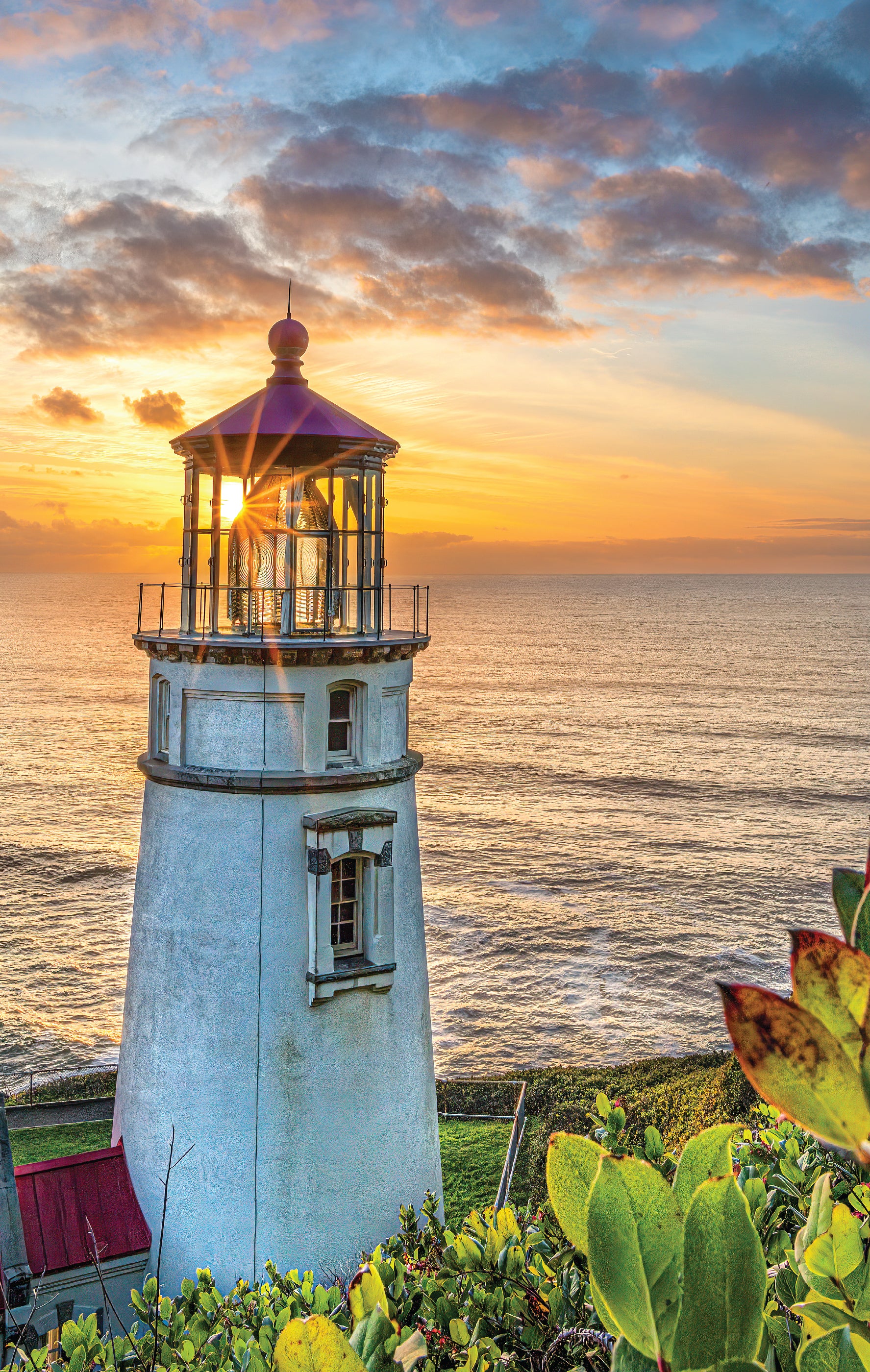 A sunburst at Heceta Head Lighthouse near Florence, Oregon, at last light.